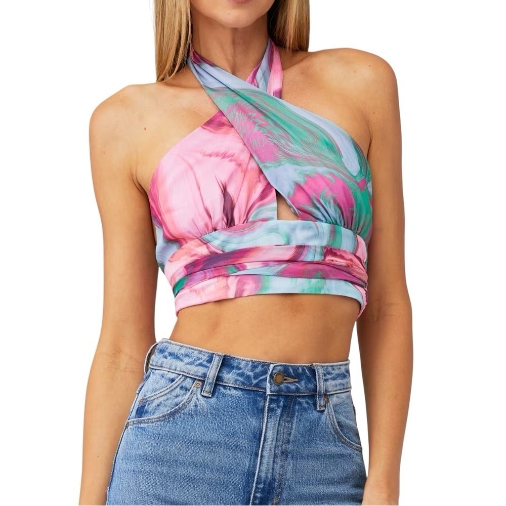 Amanda Uprichard Laverna Wrap Halter Top Size Large | Multicolor Tie Dye Criss C